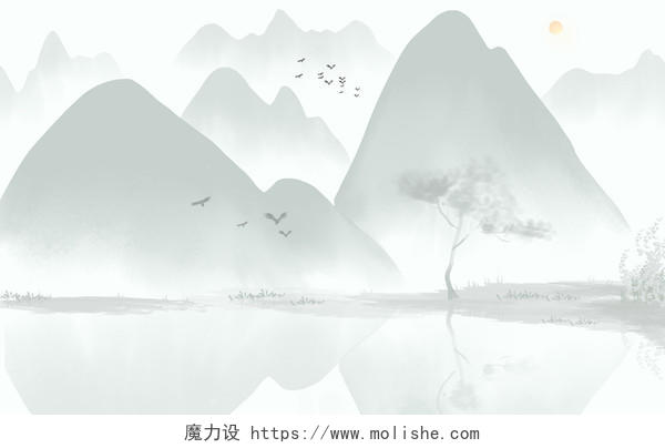 中国水墨山水风景原创插画背景